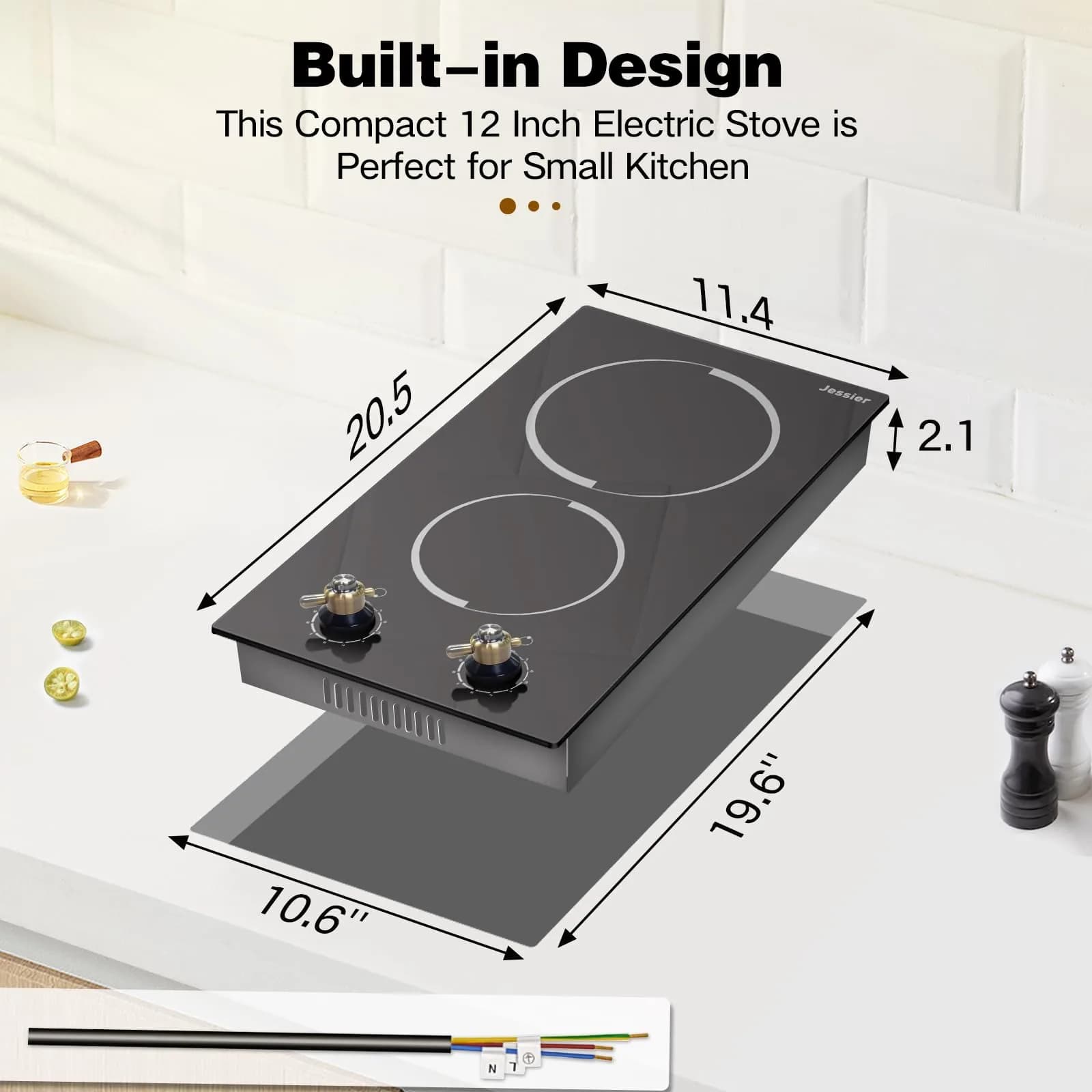 Jessier 2 Burner Electric Cooktop 3000W 220V | 15.6 cm (6.1 in) x 52.1 cm (20.5 in) x 2.9 cm (1.1 in) - view 7
