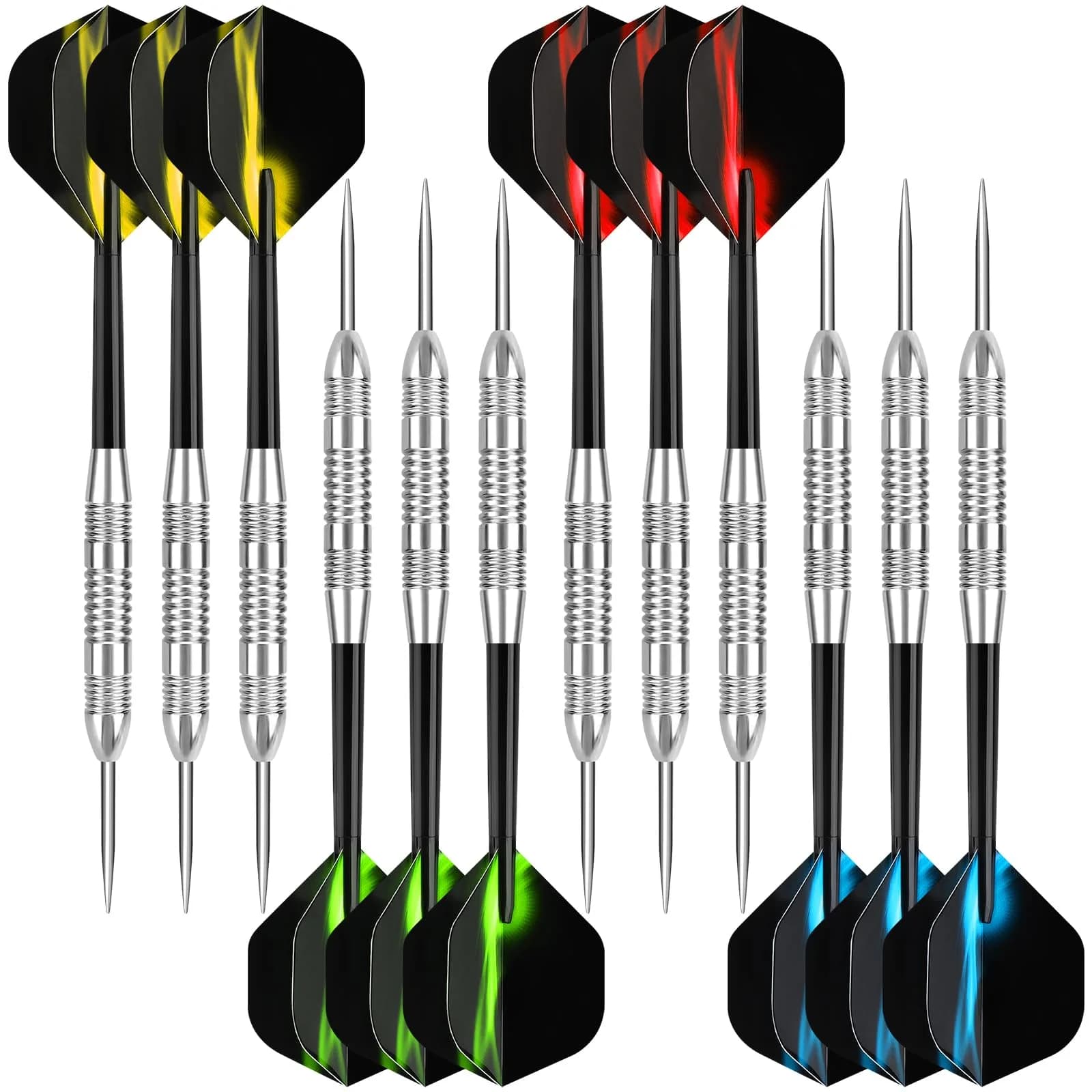 Accmor 24g Steel Tip Darts Set, 12 Pack Metal Darts with PVC Shafts & Flights | Precision Machined Barrels for All Skill Levels — Silver Fire