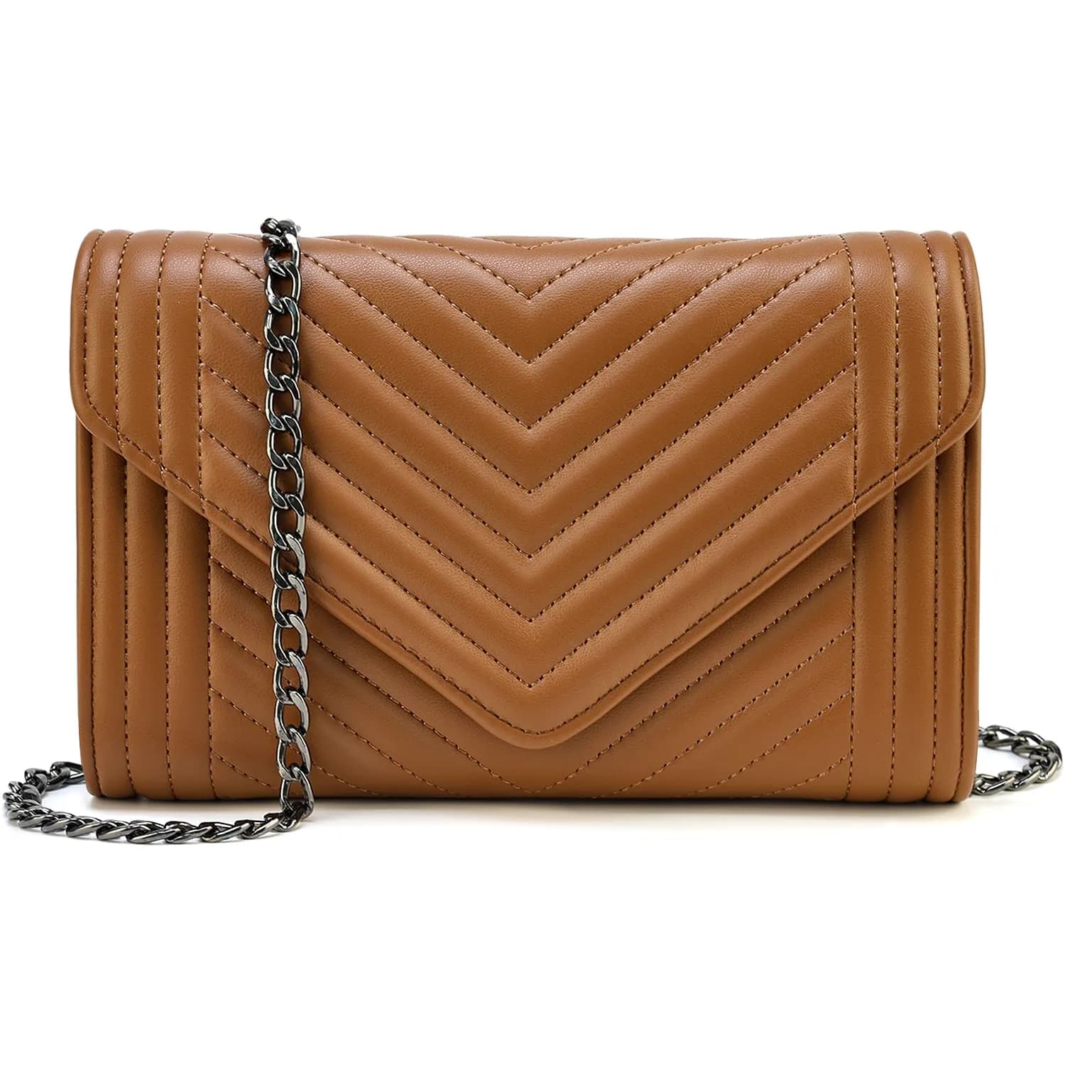 Voikukka Small Brown Leather Crossbody Purse for Women | Quilted Faux Leather with Chain Strap — Brown