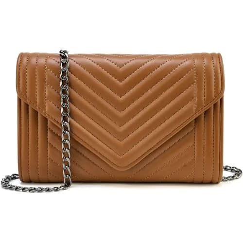Voikukka Small Brown Leather Crossbody Purse for Women | Quilted Faux Leather with Chain Strap thumbnail 1