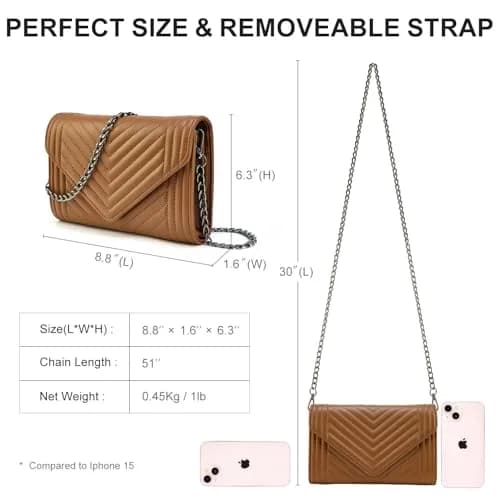 Voikukka Small Brown Leather Crossbody Purse for Women | Quilted Faux Leather with Chain Strap thumbnail 6