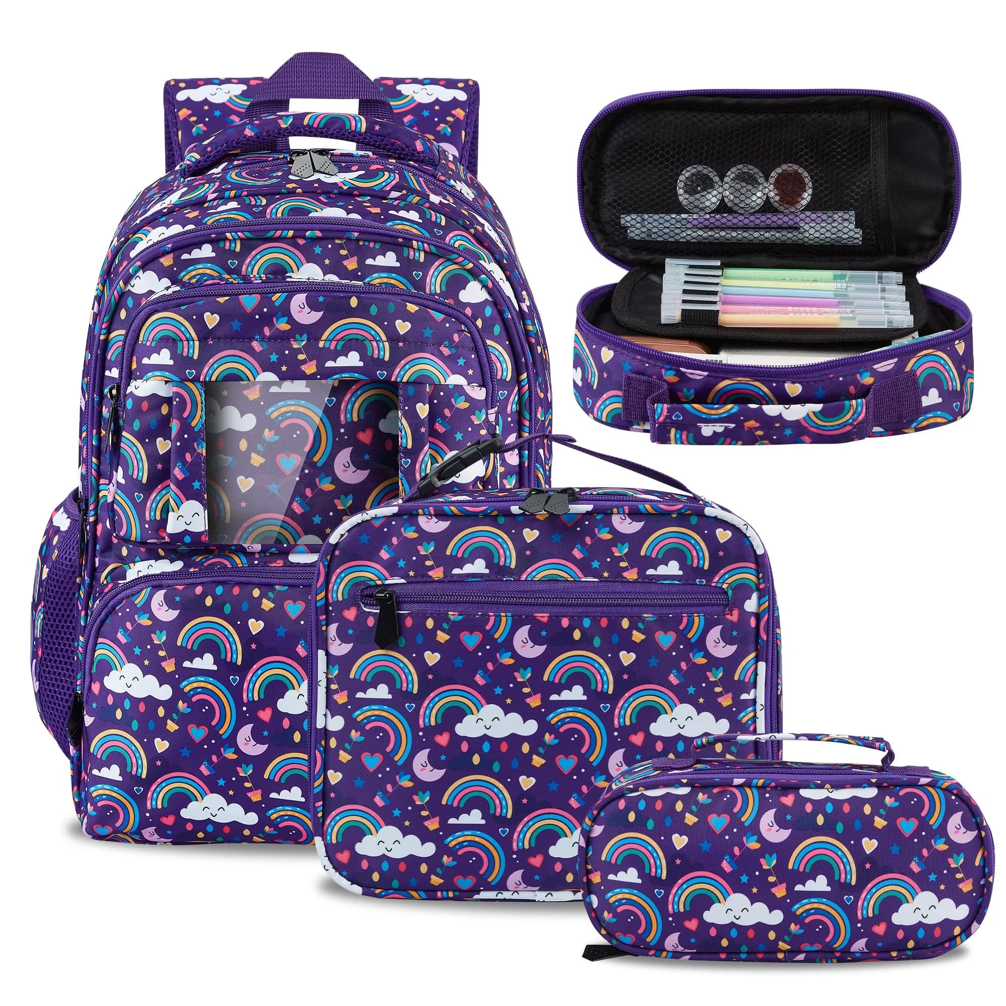FYHMDC Kids Backpack for Girls,3Pcs Waterproof Toddler Backpacks with Lunch Box & Pencil Pouch - Lightweight School Backpack Purple Bookbag for Ages 3+ Elementary Middle School Teens - Rainbow | Water-Resistant & Spacious - main product image