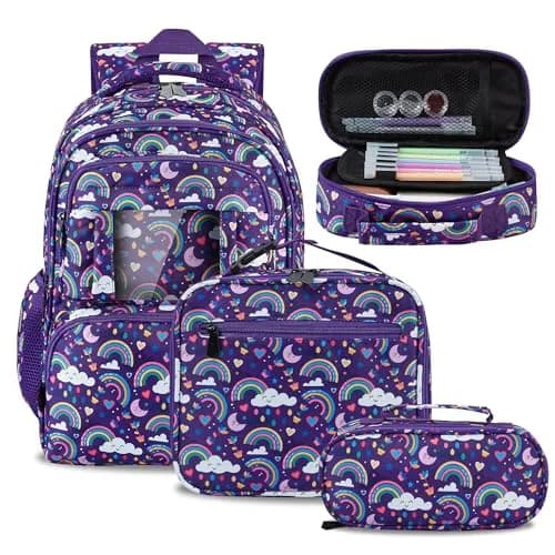 FYHMDC Kids Backpack for Girls,3Pcs Waterproof Toddler Backpacks with Lunch Box & Pencil Pouch - Lightweight School Backpack Purple Bookbag for Ages 3+ Elementary Middle School Teens - Rainbow | Water-Resistant & Spacious thumbnail 1