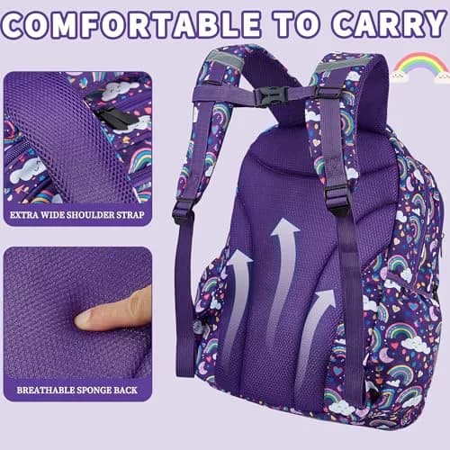 FYHMDC Kids Backpack for Girls,3Pcs Waterproof Toddler Backpacks with Lunch Box & Pencil Pouch - Lightweight School Backpack Purple Bookbag for Ages 3+ Elementary Middle School Teens - Rainbow | Water-Resistant & Spacious thumbnail 4