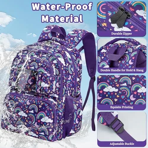 FYHMDC Kids Backpack for Girls,3Pcs Waterproof Toddler Backpacks with Lunch Box & Pencil Pouch - Lightweight School Backpack Purple Bookbag for Ages 3+ Elementary Middle School Teens - Rainbow | Water-Resistant & Spacious thumbnail 5