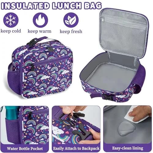 FYHMDC Kids Backpack for Girls,3Pcs Waterproof Toddler Backpacks with Lunch Box & Pencil Pouch - Lightweight School Backpack Purple Bookbag for Ages 3+ Elementary Middle School Teens - Rainbow | Water-Resistant & Spacious thumbnail 7