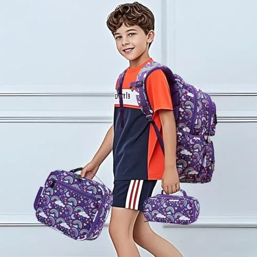 FYHMDC Kids Backpack for Girls,3Pcs Waterproof Toddler Backpacks with Lunch Box & Pencil Pouch - Lightweight School Backpack Purple Bookbag for Ages 3+ Elementary Middle School Teens - Rainbow | Water-Resistant & Spacious thumbnail 8