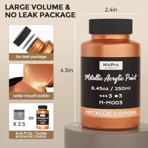 Nicpro Metallic Copper Acrylic Paint 8.45oz (250ml) | Non Toxic, Gloss Finish for Art & Crafts thumbnail 8