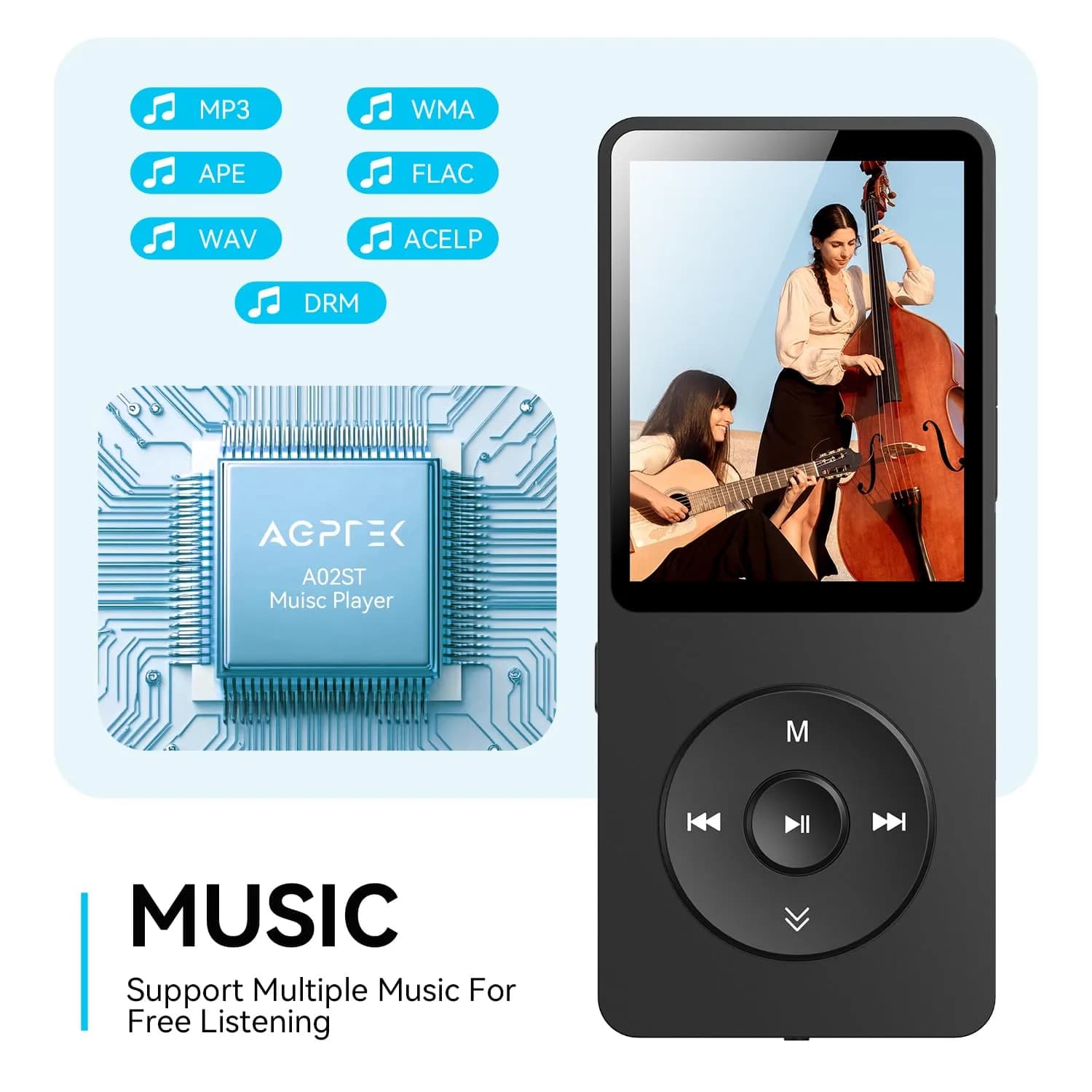 AGPTEK A02 MP3 Player 64GB (1.8 inch Screen) | Bluetooth 5.3 Music Player with Speaker & FM Radio - view 5
