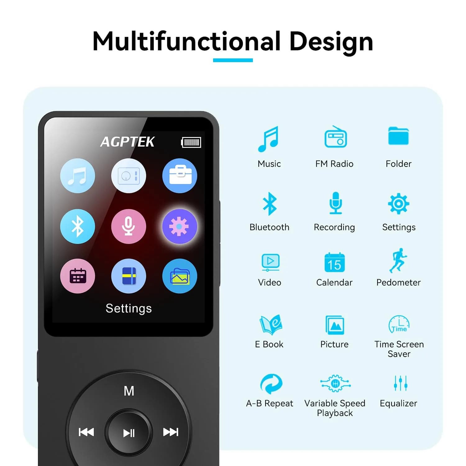 AGPTEK A02 MP3 Player 64GB (1.8 inch Screen) | Bluetooth 5.3 Music Player with Speaker & FM Radio - view 3