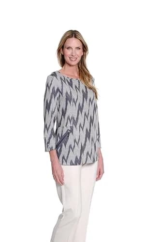 MULTIPLES Women's Tunic 1X | Grey Print Dressy & Casual, Scoop Neck, 3/4 Sleeve, Zip Pocket (70-120c) thumbnail 3