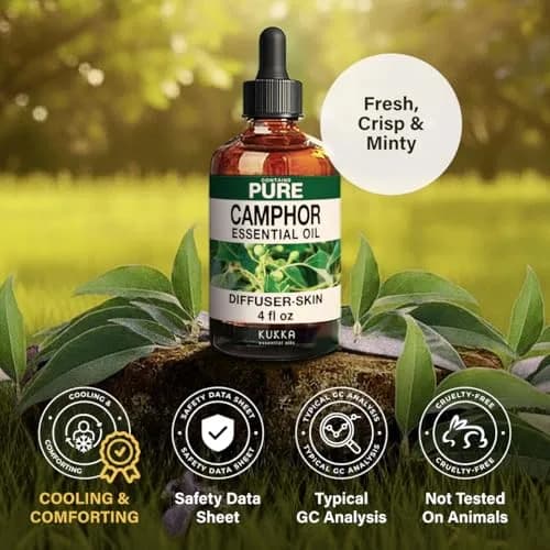 KUKKA Camphor Essential Oil 118ml (4 Fl Oz) | Pure, Undiluted, Cooling Scent for Skin, Diffuser, Muscle Relief thumbnail 6