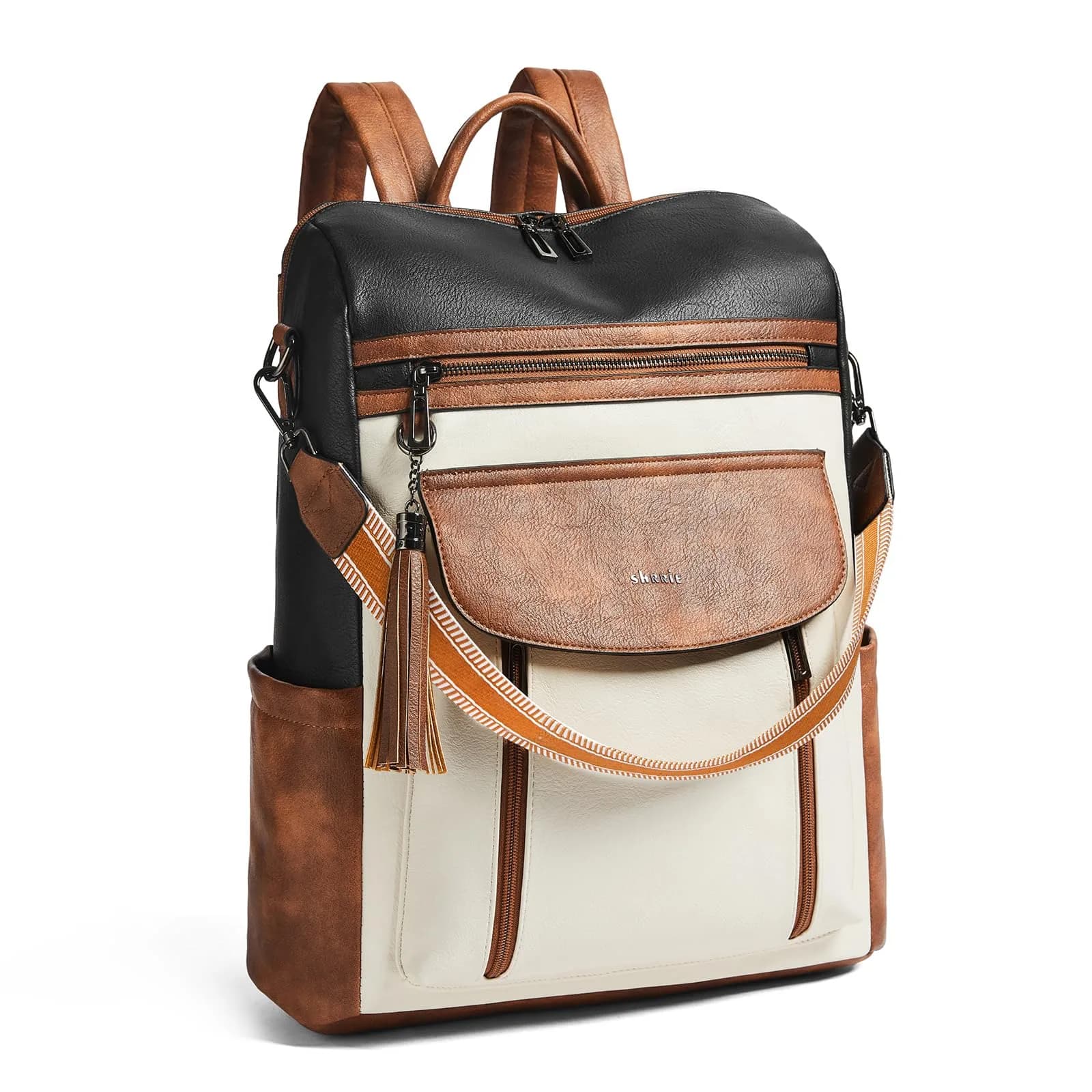Shrrie Women's Laptop Backpack 15.6 inch | Water-Resistant Faux Leather Computer Bag with Luggage Strap & Anti-Theft Pocket (Maroon) — Black With Brown and White