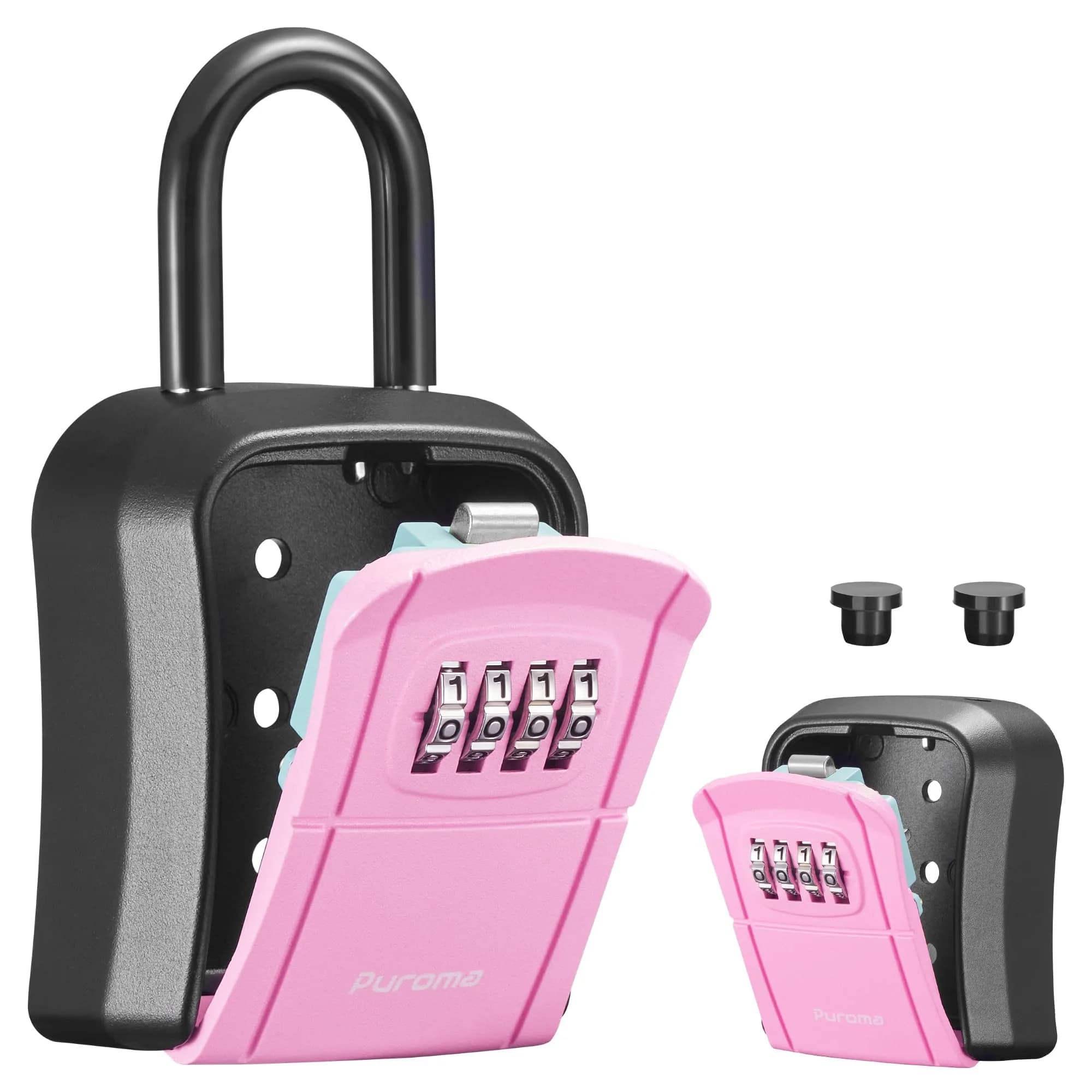 Puroma Portable Key Lock Box with Shackle & Wall Mount, Resettable 4-Digit Code Safe Security Lockbox for House Keys (1 Pack, Pink)
