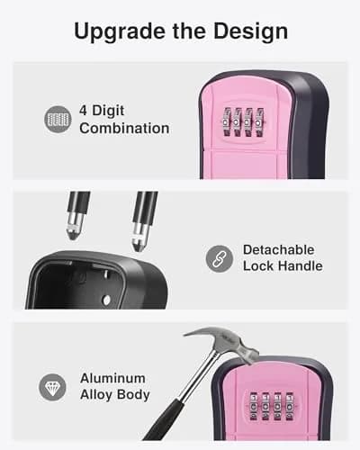 Puroma Portable Key Lock Box with Shackle & Wall Mount, Resettable 4-Digit Code Safe Security Lockbox for House Keys (1 Pack, Pink) thumbnail 4
