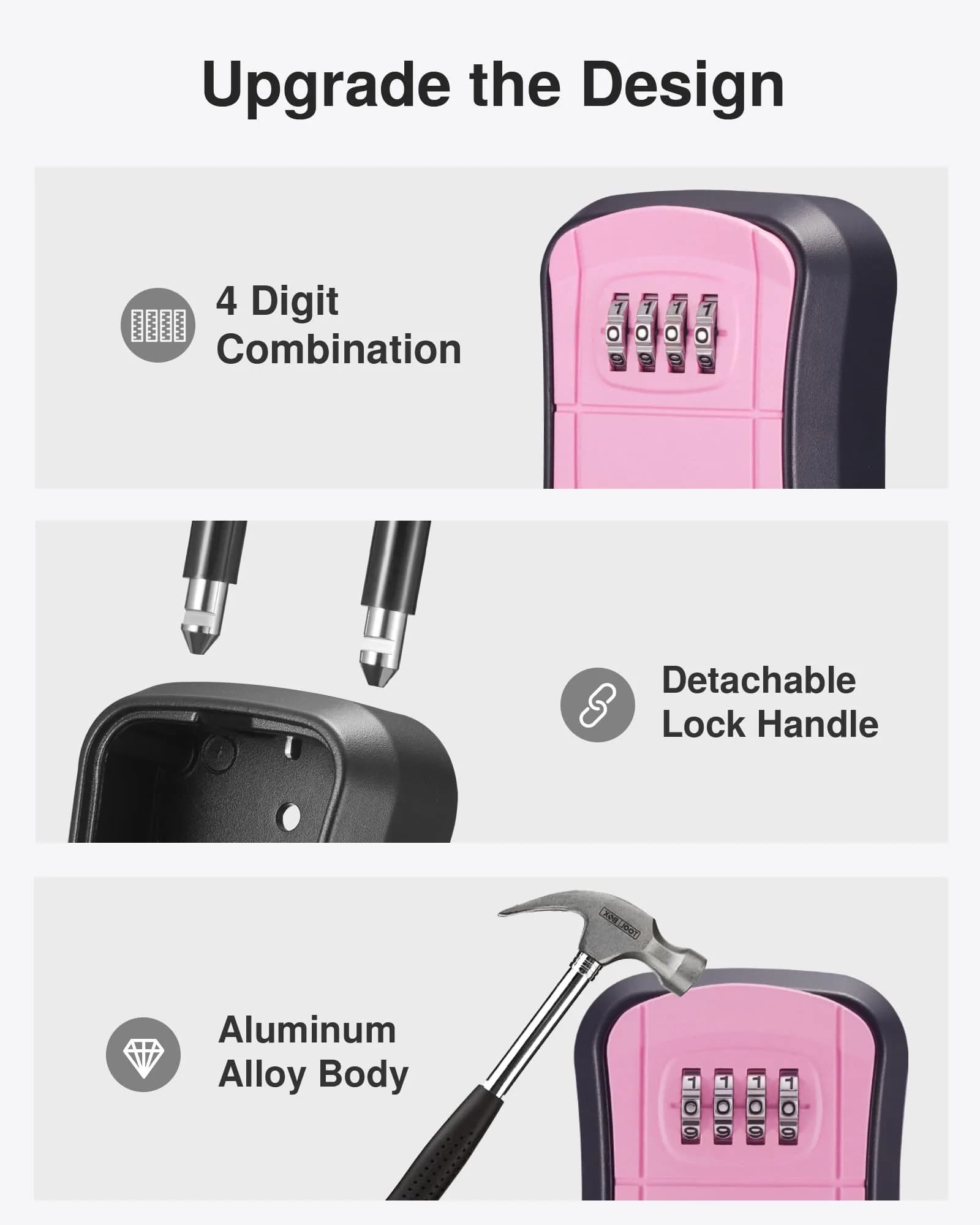 Puroma Portable Key Lock Box with Shackle & Wall Mount, Resettable 4-Digit Code Safe Security Lockbox for House Keys (1 Pack, Pink) - view 4