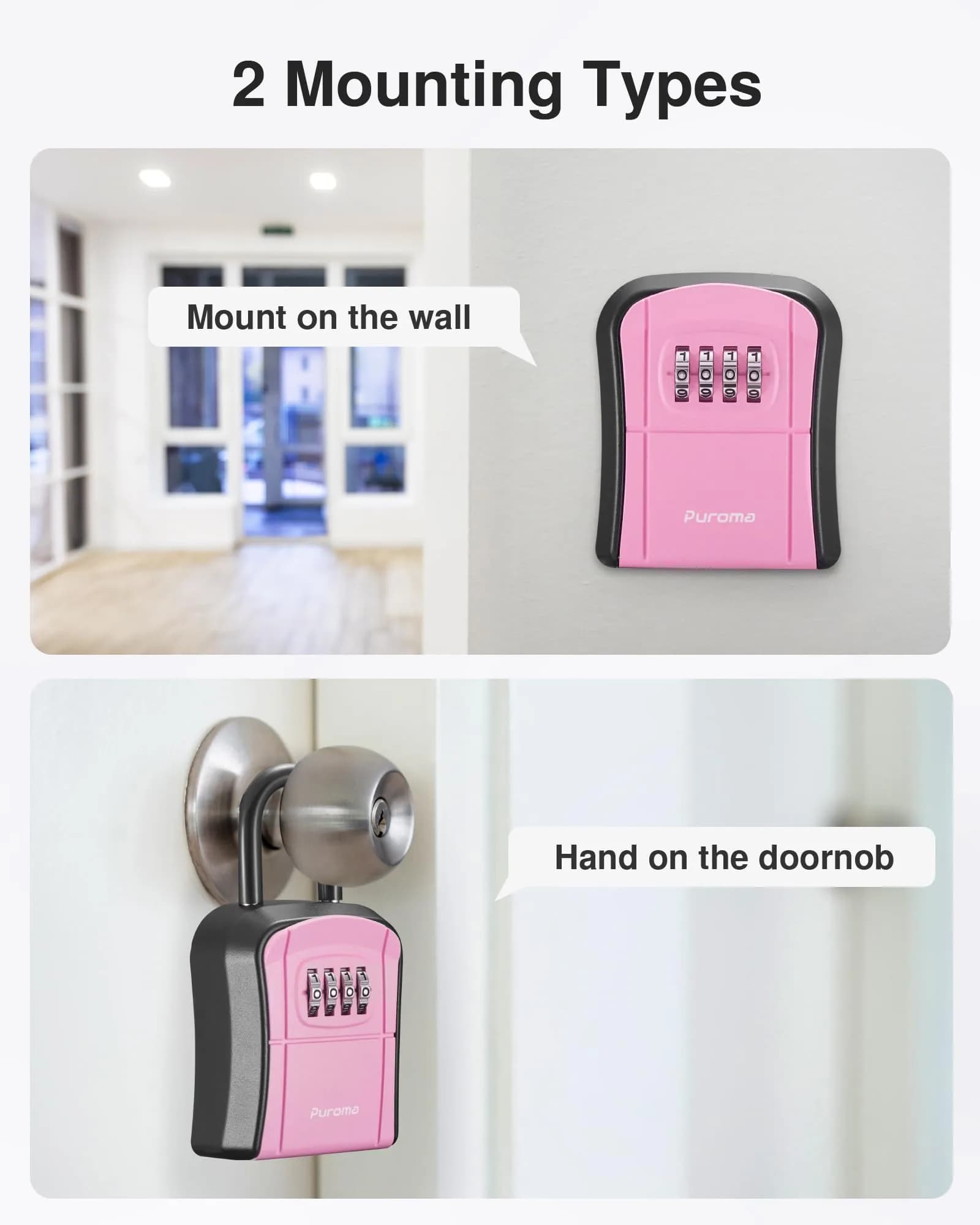 Puroma Portable Key Lock Box with Shackle & Wall Mount, Resettable 4-Digit Code Safe Security Lockbox for House Keys (1 Pack, Pink) - view 5