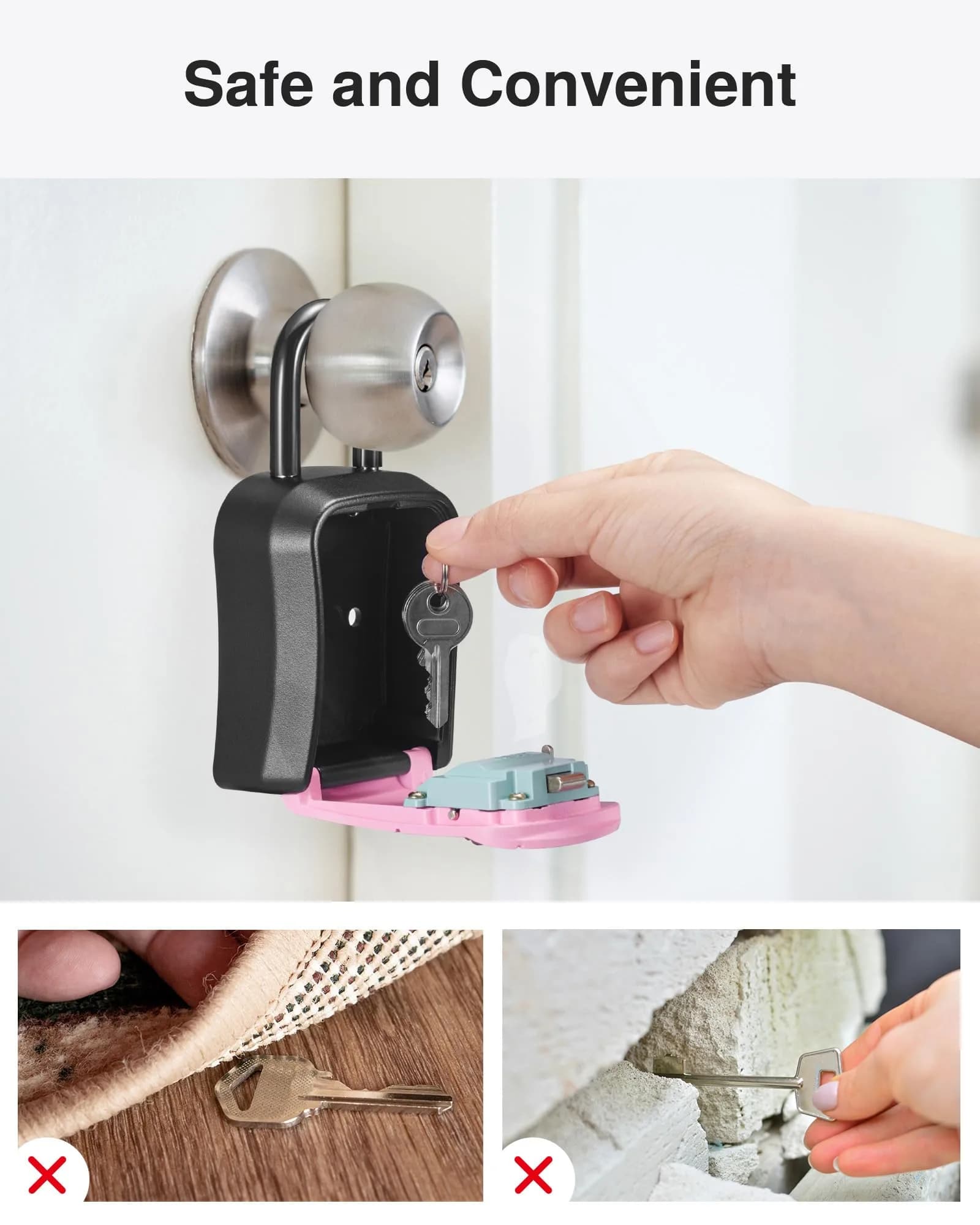 Puroma Portable Key Lock Box with Shackle & Wall Mount, Resettable 4-Digit Code Safe Security Lockbox for House Keys (1 Pack, Pink) - view 7