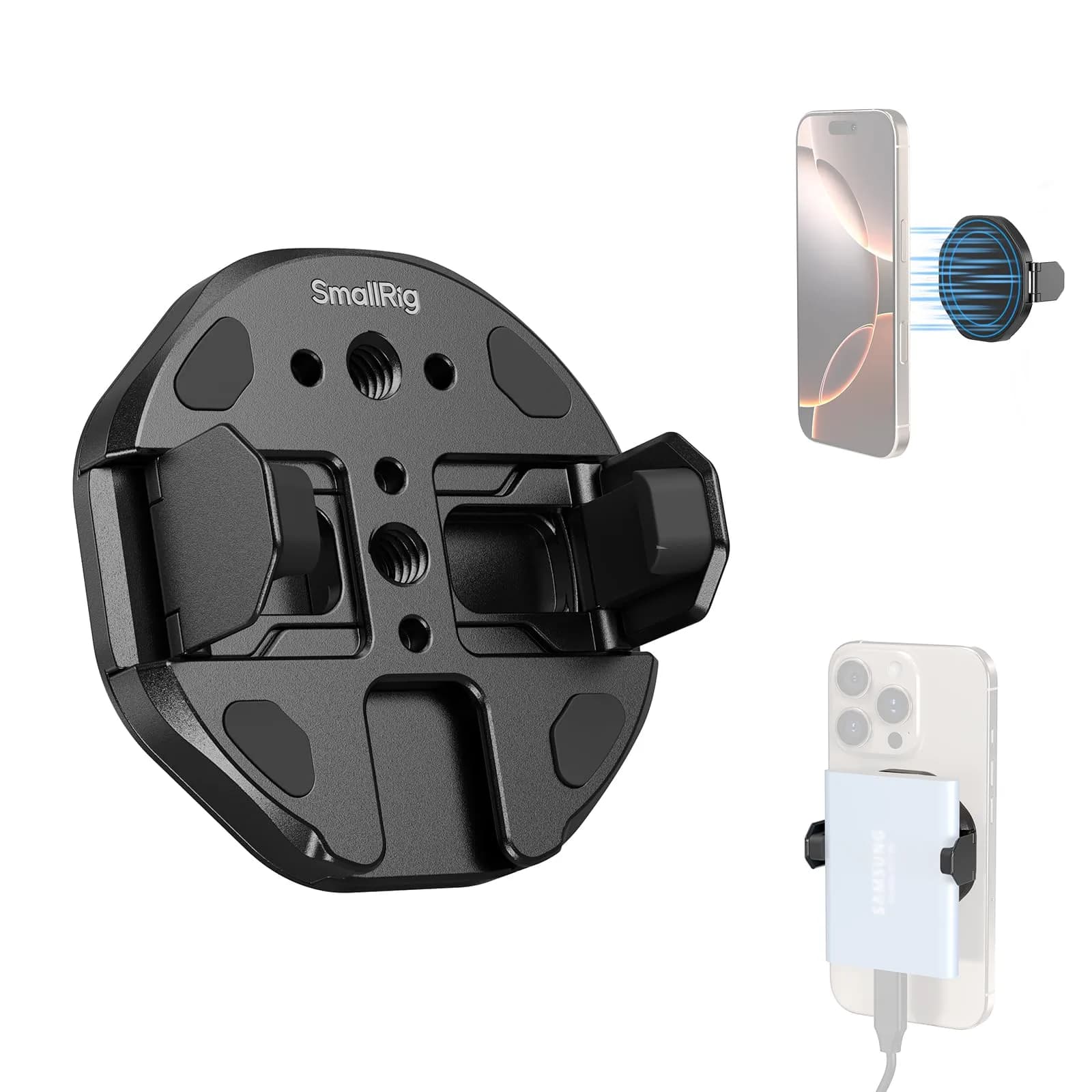 SMALLRIG SSD Magnetic Mount Bracket for MagSafe - 5157 | 45-70mm Clamp, 1/4"-20 Threads & Cold Shoe, Holds for Samsung T3/T5/SanDisk SSD, MagSafe — Black
