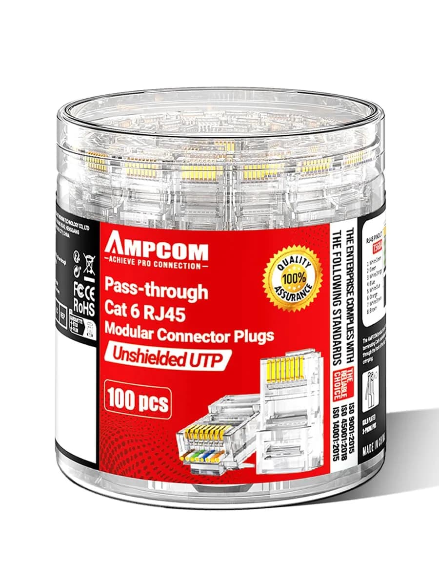 AMPCOM CAT6 RJ45 Pass-Through Connectors 100-Pack | Gold-Plated, 23-26AWG, Unshielded, for Custom Patch Cables — transparent