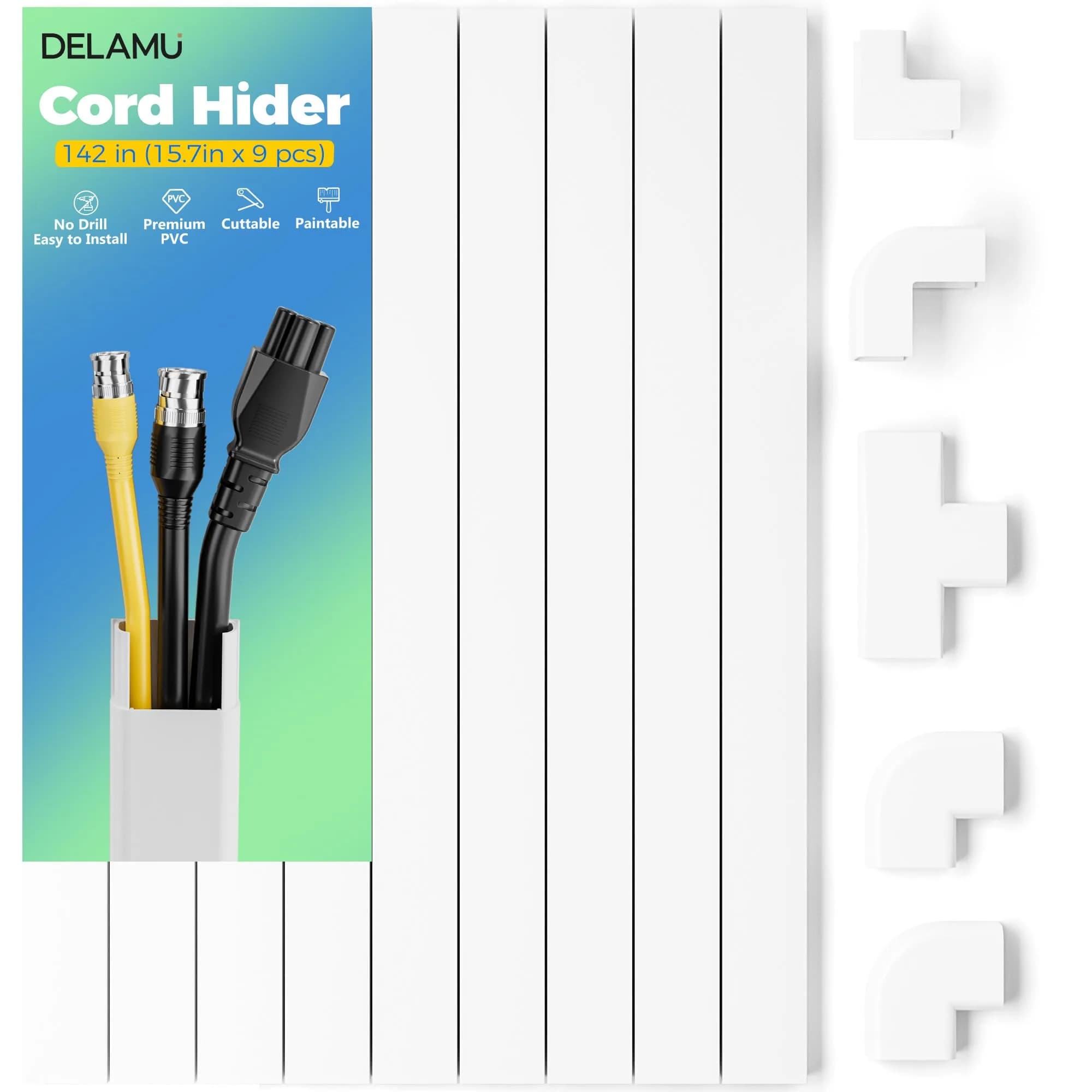 Delamu Mini Cable Wire Hider for Wall, 325 cm (128 in) Black | Conceals Single Thin Cord — White / 142in L X 0.94in W X 0.47in H