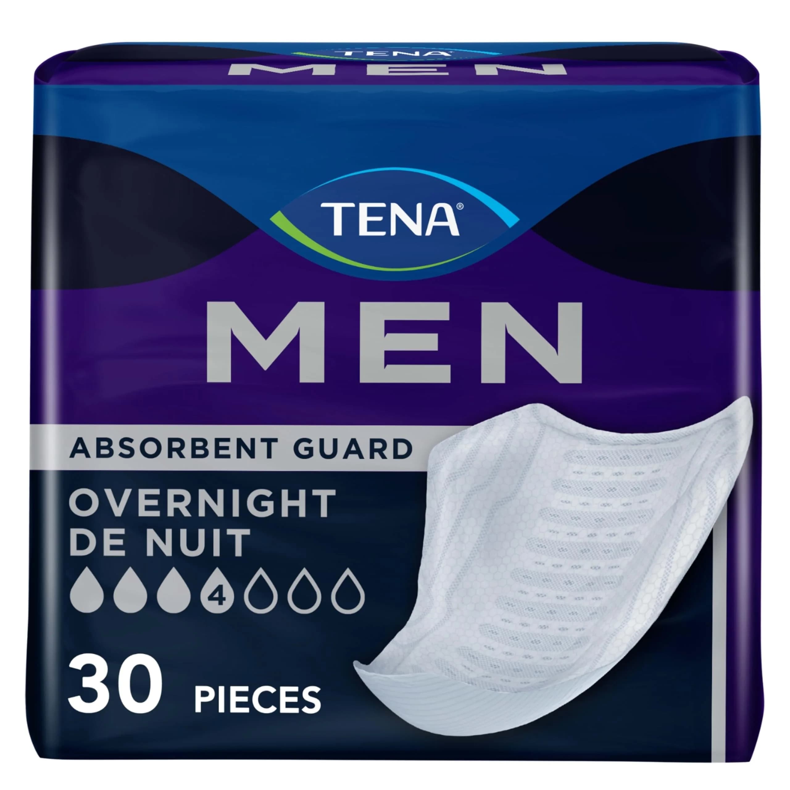 TENA Men Overnight Guards Incontinence Pads 30 ct | 8-Hour Protection for Men — White