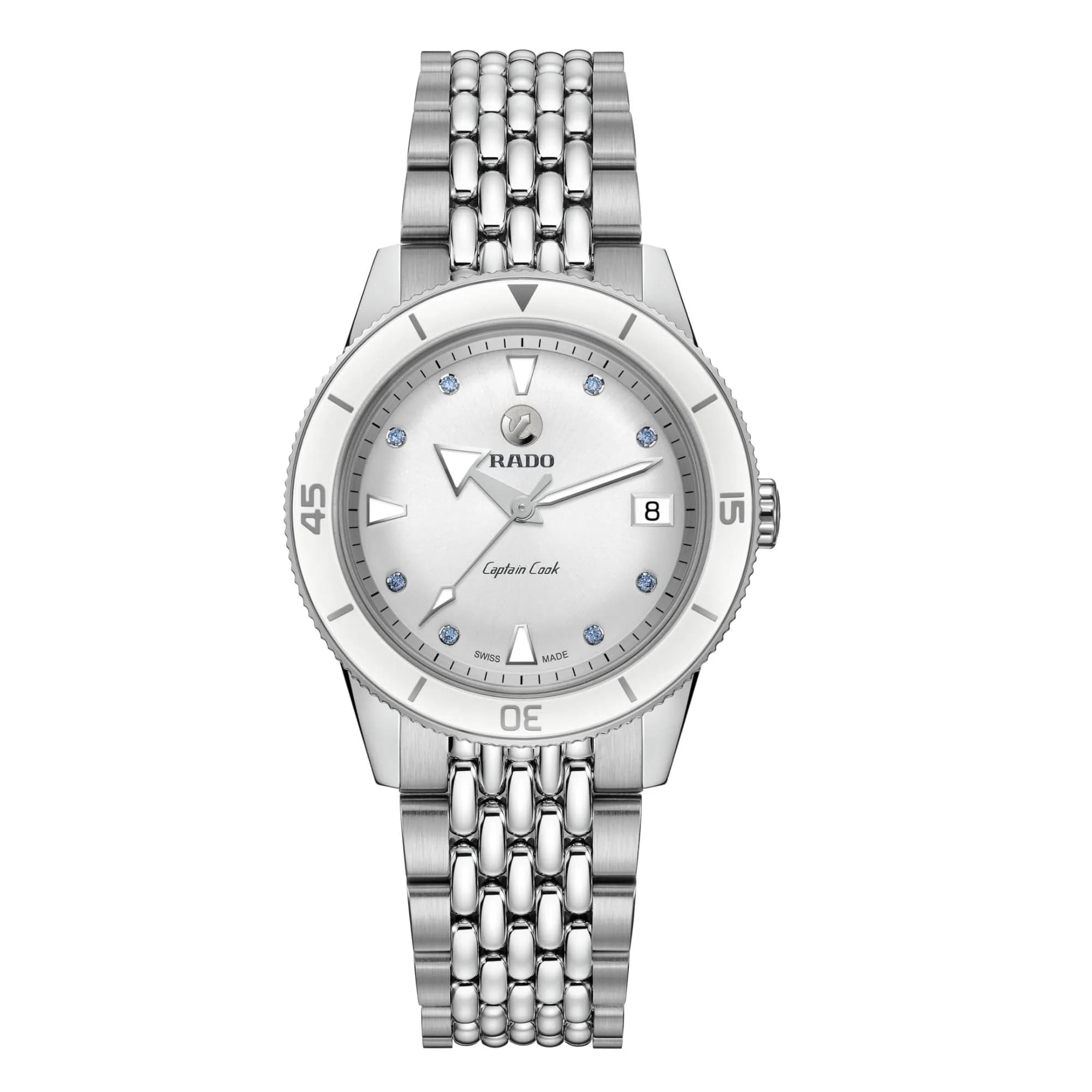 Rado Captain Cook Women's Automatic Swiss Watch 37mm White Dial with Date Grey Stainless Steel Bracelet