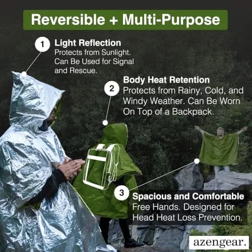 aZengear Emergency Survival Foil Poncho 4 Pack | Thermal Mylar Green Hooded Poncho for Camping & Hiking thumbnail 3