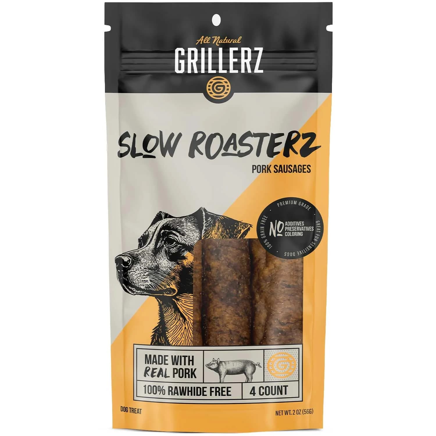 Grillerz Slow Roasterz Pork Sausages 4 Count | Rawhide-Free, High-Protein Dog Chews — Roll