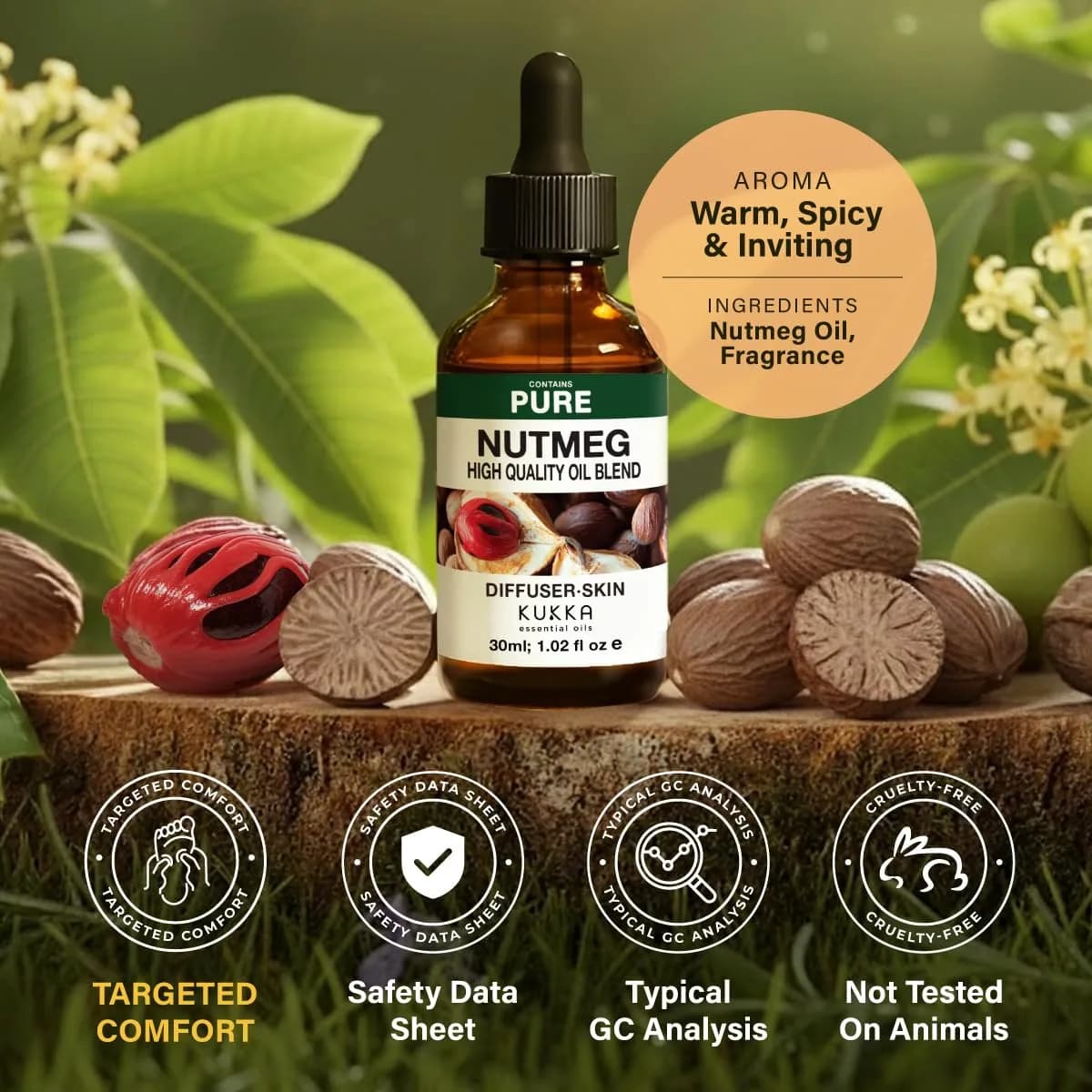 Kukka Nutmeg Essential Oil for Skin & Diffuser - 30ml (1 Fl Oz) | Pure, GC-MS Tested - view 6