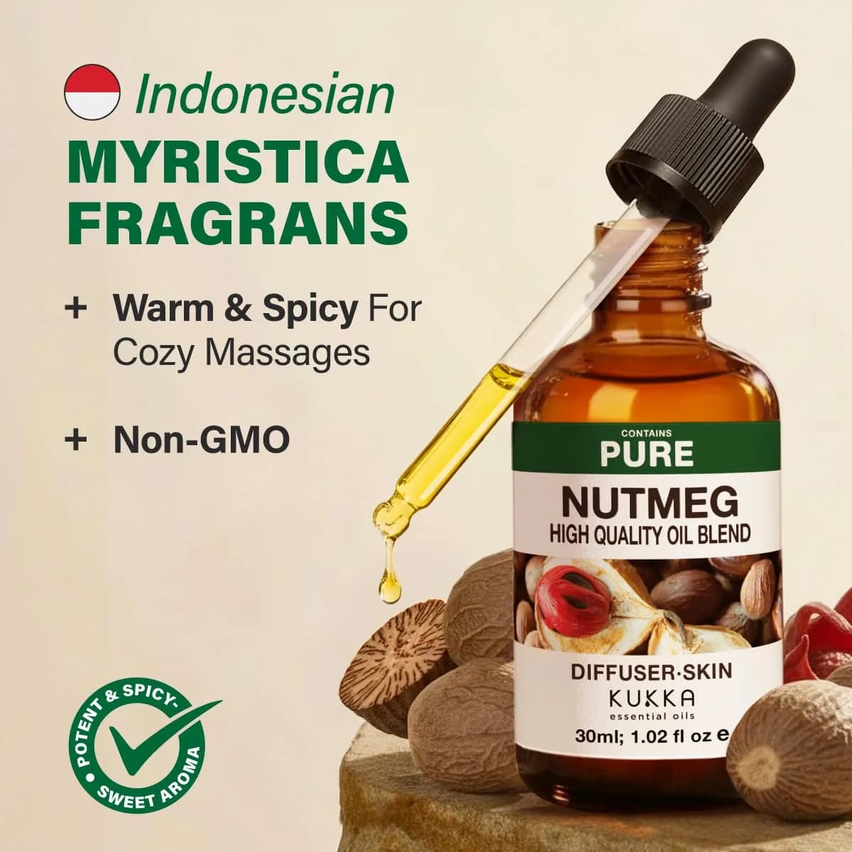 Kukka Nutmeg Essential Oil for Skin & Diffuser - 30ml (1 Fl Oz) | Pure, GC-MS Tested - view 3