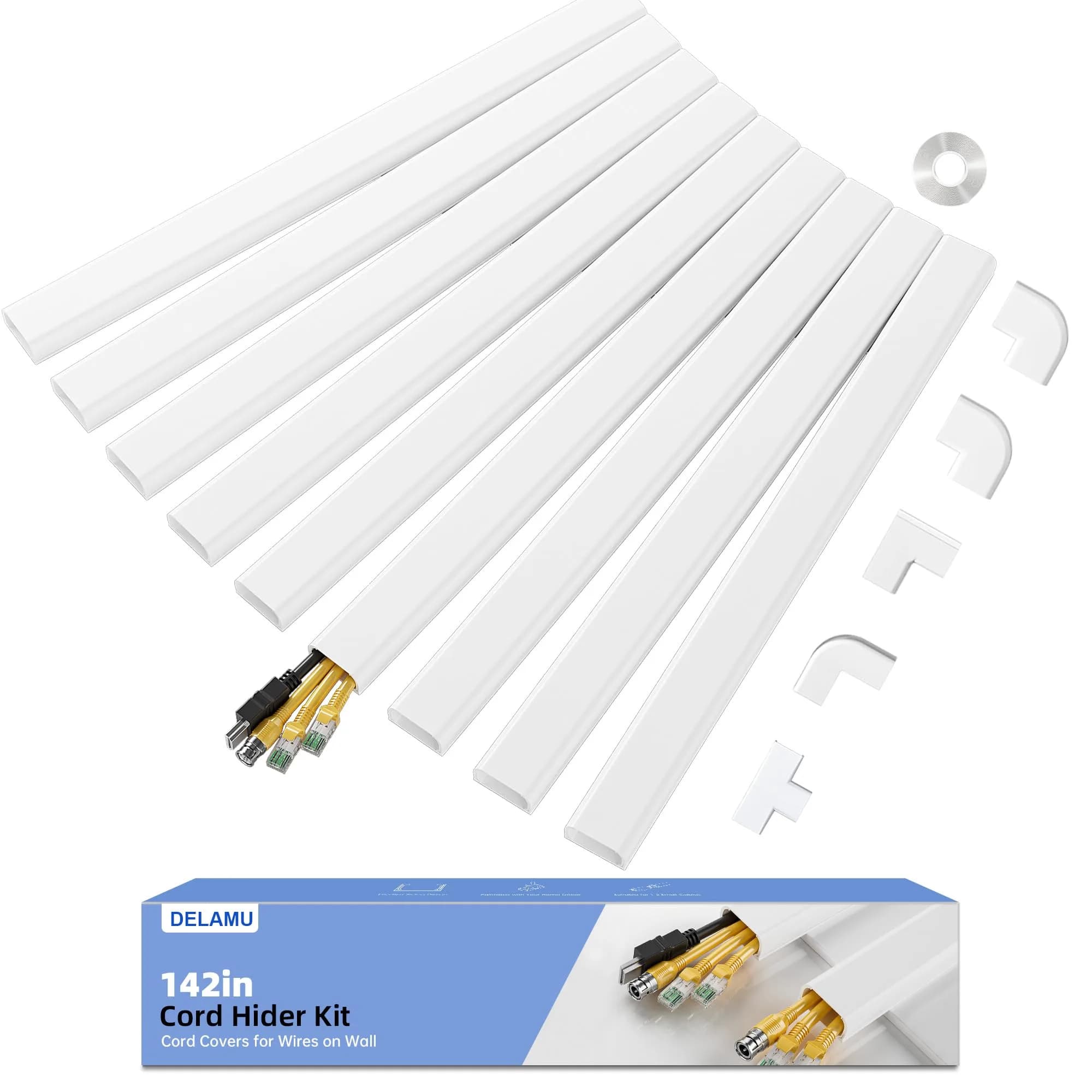 Delamu Large White Cable Wire Hider, 142 inches Long | Conceals 3-4 Thin Cords - main product image