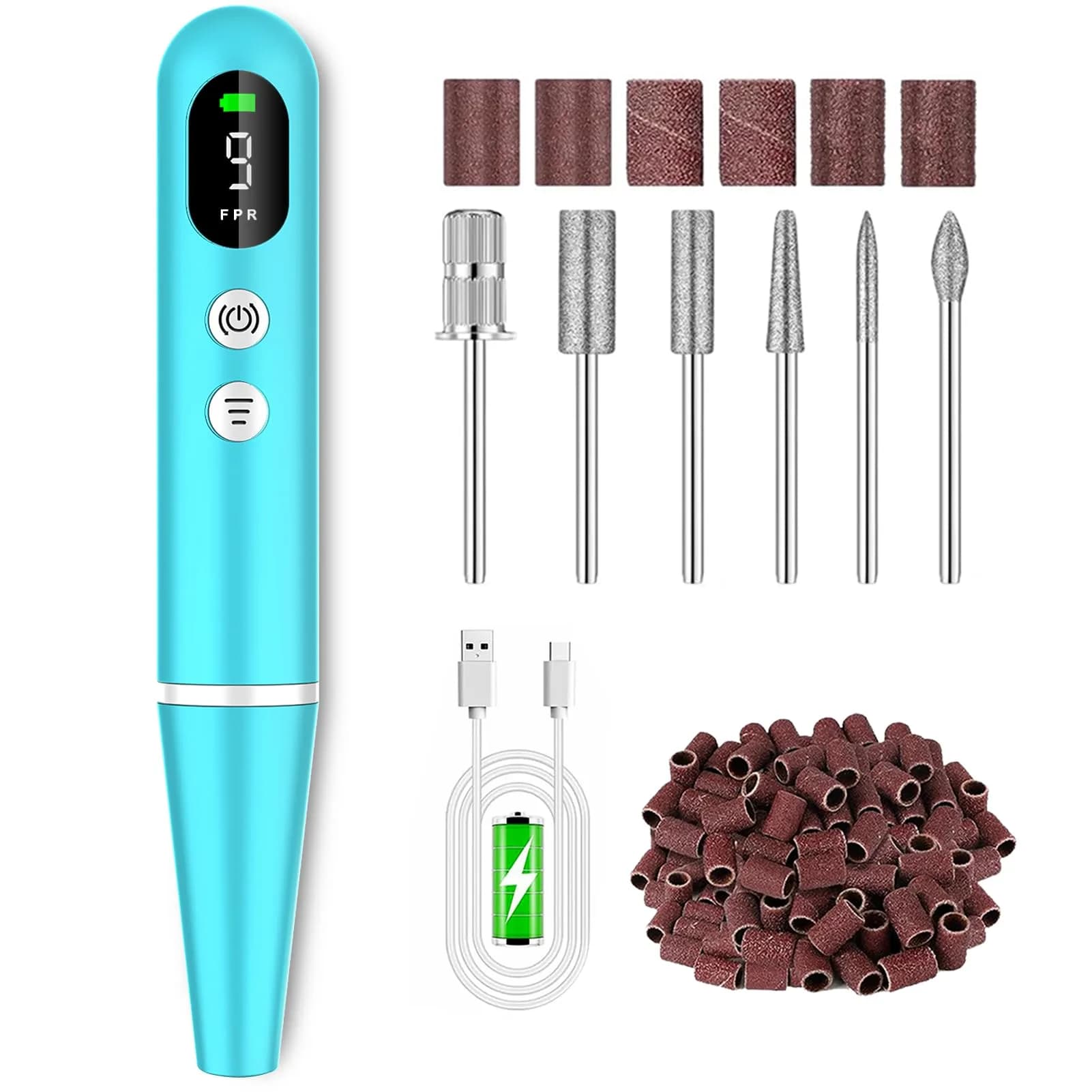 Zloojnn Cordless Electric Nail Drill File Kit Blue | 20000 RPM 9-Speed LED Display, Rechargeable, Portable — Blue