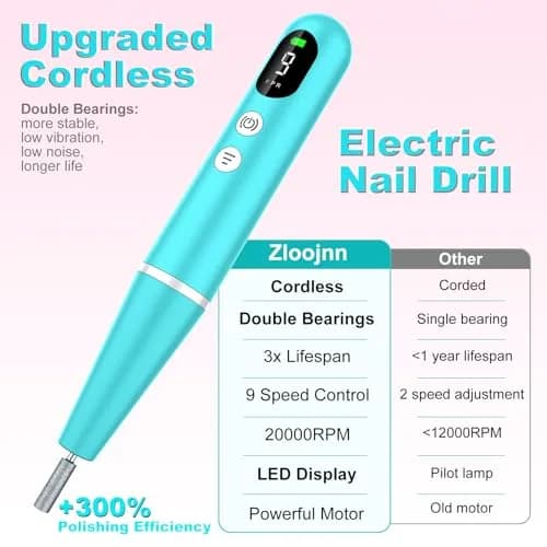 Zloojnn Cordless Electric Nail Drill File Kit Blue | 20000 RPM 9-Speed LED Display, Rechargeable, Portable thumbnail 3