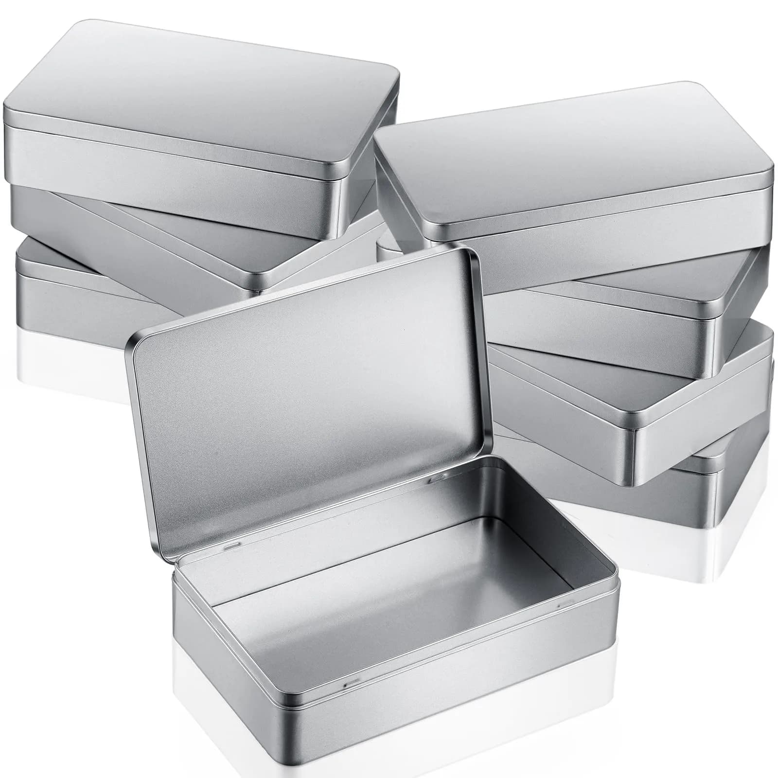 Hotop Silver Metal Tins with Lid Storage Box 215mm x 135mm x 48mm (8.5 x 5.3 x 1.9 Inch) | Classic Rectangular Containers for Gifts and Crafts — 8-Pack