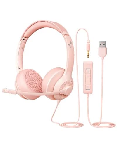 JIAMQISHI USB Headset with Microphone for PC, On-Ear Headphones, Noise Cancelling Mic, Pink | All-Day Comfort & Clear Sound thumbnail 1