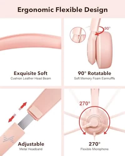 JIAMQISHI USB Headset with Microphone for PC, On-Ear Headphones, Noise Cancelling Mic, Pink | All-Day Comfort & Clear Sound thumbnail 4