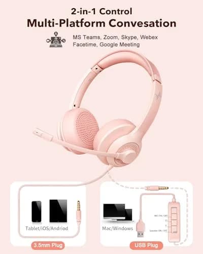 JIAMQISHI USB Headset with Microphone for PC, On-Ear Headphones, Noise Cancelling Mic, Pink | All-Day Comfort & Clear Sound thumbnail 5