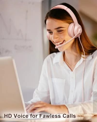 JIAMQISHI USB Headset with Microphone for PC, On-Ear Headphones, Noise Cancelling Mic, Pink | All-Day Comfort & Clear Sound thumbnail 6