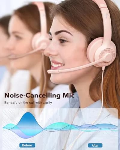 JIAMQISHI USB Headset with Microphone for PC, On-Ear Headphones, Noise Cancelling Mic, Pink | All-Day Comfort & Clear Sound thumbnail 2