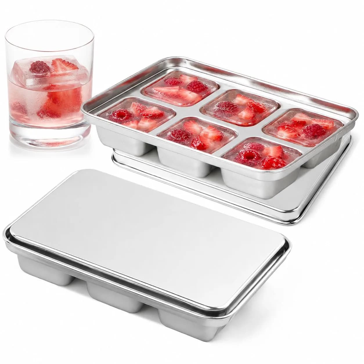 GLENDAVENY Stainless Steel Ice Cube Tray with Lid, 2 Pack 12 Large Cubes, 7.3in x 4.9in x 1.4in (18.5cm x 12.4cm x 3.6cm) | Fast Freezing Metal Ice Mold for Cocktails — Silver