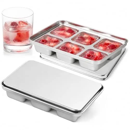 GLENDAVENY Stainless Steel Ice Cube Tray with Lid, 2 Pack 12 Large Cubes, 7.3in x 4.9in x 1.4in (18.5cm x 12.4cm x 3.6cm) | Fast Freezing Metal Ice Mold for Cocktails thumbnail 1