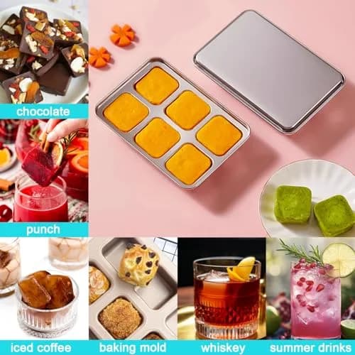 GLENDAVENY Stainless Steel Ice Cube Tray with Lid, 2 Pack 12 Large Cubes, 7.3in x 4.9in x 1.4in (18.5cm x 12.4cm x 3.6cm) | Fast Freezing Metal Ice Mold for Cocktails thumbnail 5
