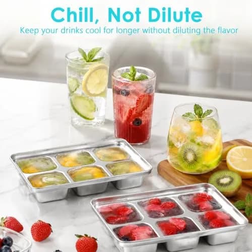 GLENDAVENY Stainless Steel Ice Cube Tray with Lid, 2 Pack 12 Large Cubes, 7.3in x 4.9in x 1.4in (18.5cm x 12.4cm x 3.6cm) | Fast Freezing Metal Ice Mold for Cocktails thumbnail 8