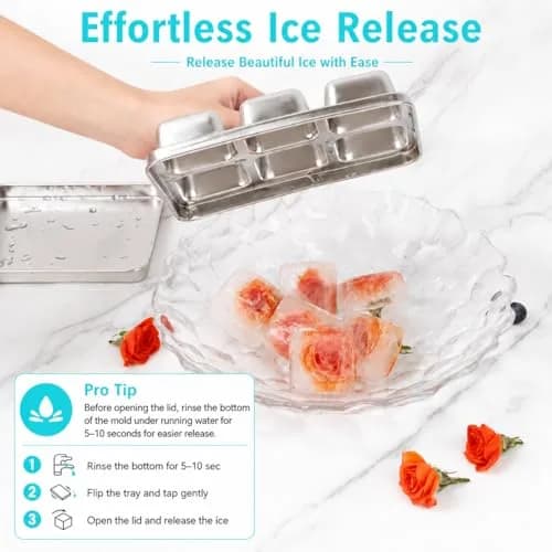 GLENDAVENY Stainless Steel Ice Cube Tray with Lid, 2 Pack 12 Large Cubes, 7.3in x 4.9in x 1.4in (18.5cm x 12.4cm x 3.6cm) | Fast Freezing Metal Ice Mold for Cocktails thumbnail 9