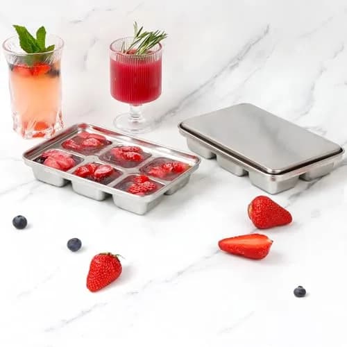 GLENDAVENY Stainless Steel Ice Cube Tray with Lid, 2 Pack 12 Large Cubes, 7.3in x 4.9in x 1.4in (18.5cm x 12.4cm x 3.6cm) | Fast Freezing Metal Ice Mold for Cocktails thumbnail 2