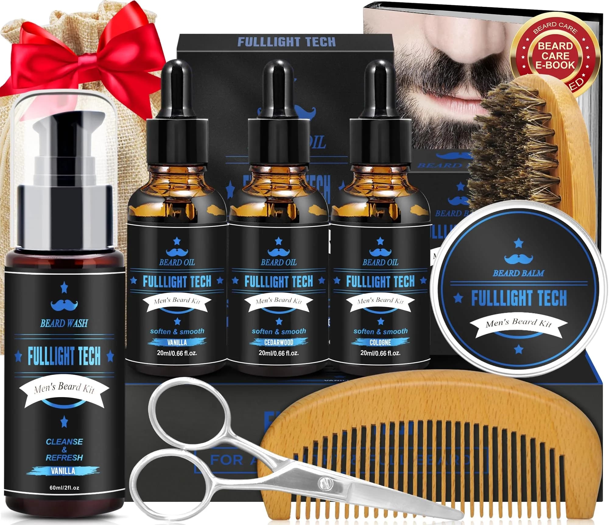 FULLLIGHT TECH Beard Grooming Kit 5 Fl Oz | Nourishing Beard Oil & Vanilla Wash for Men — Cedarwood, Vanilla , Cologne