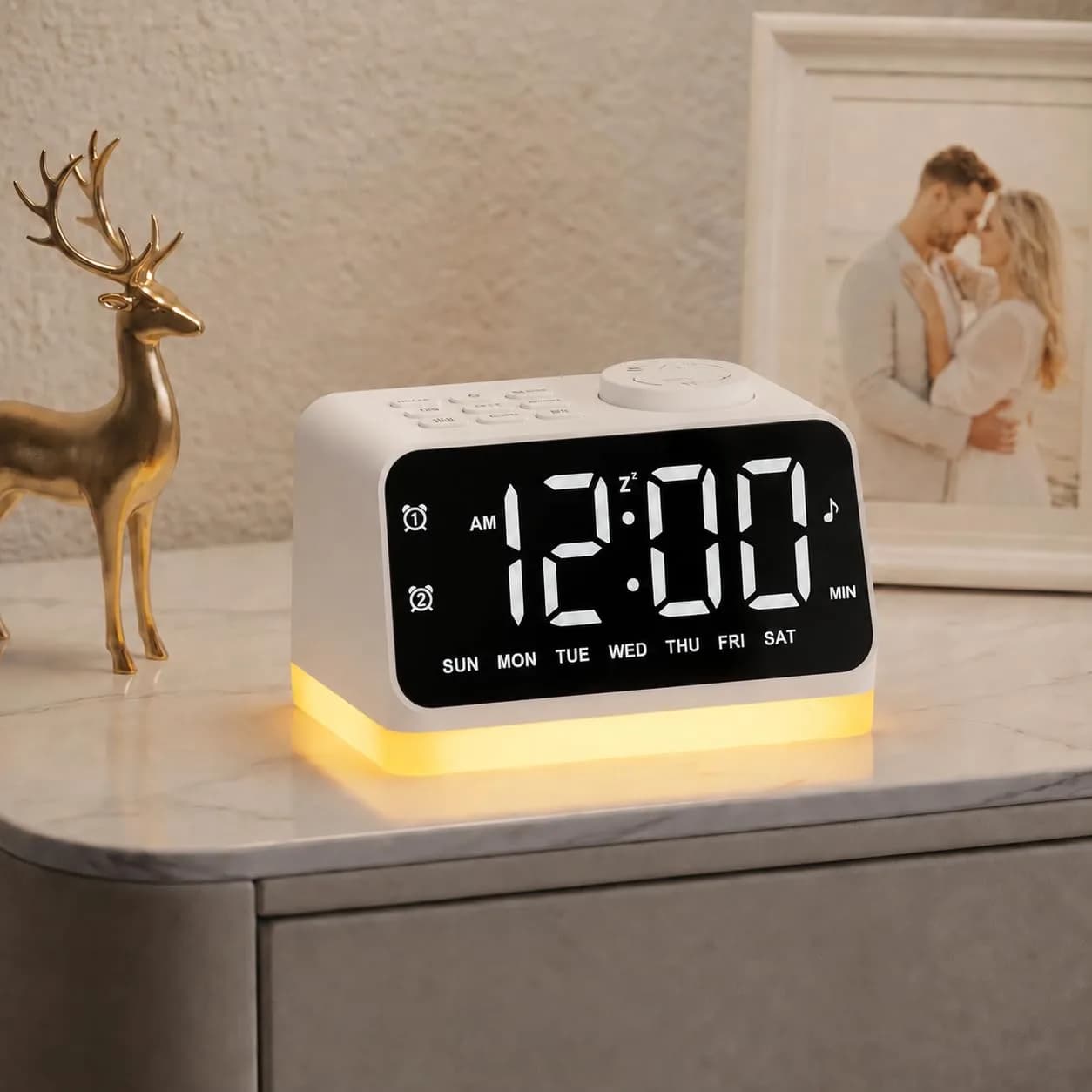 JALL Digital Alarm Clock with FM Radio, 8 Colors Night Light, Dual Alarm, Timer, USB Charging, Large Display (White with White Font)