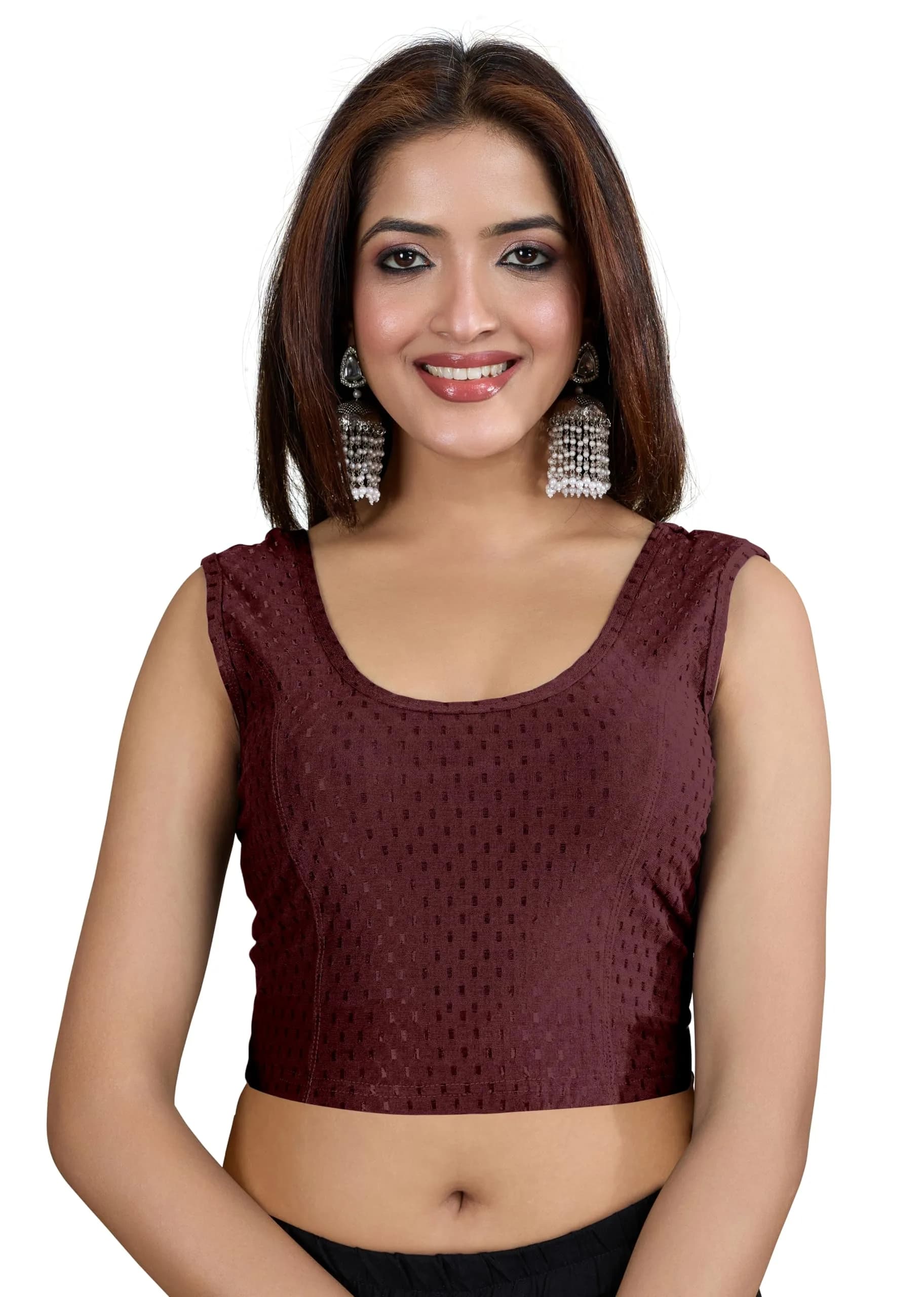 TRENDMALLS Women's Dobby Cotton Stretchable Sleeveless Saree Blouse XL Wine | Breathable Fabric for Indian Climate - main product image