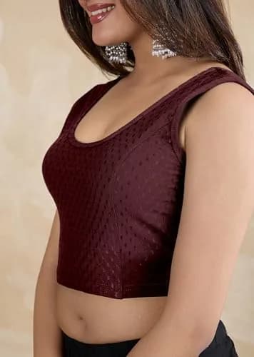 TRENDMALLS Women's Dobby Cotton Stretchable Sleeveless Saree Blouse XL Wine | Breathable Fabric for Indian Climate thumbnail 5
